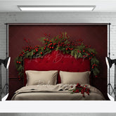 Lofaris Elegant Red Christmas Headboard Photography Backdrop Tufted Bed with Berry Garland Moody Holiday Bedroom Prop
